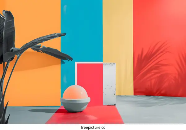 Abstract Minimalist Background with Palm Tree and Colorful Walls