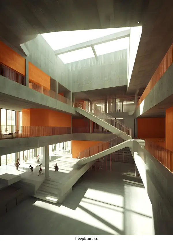 Modern Concrete Building Interior With Stairs And Skylight