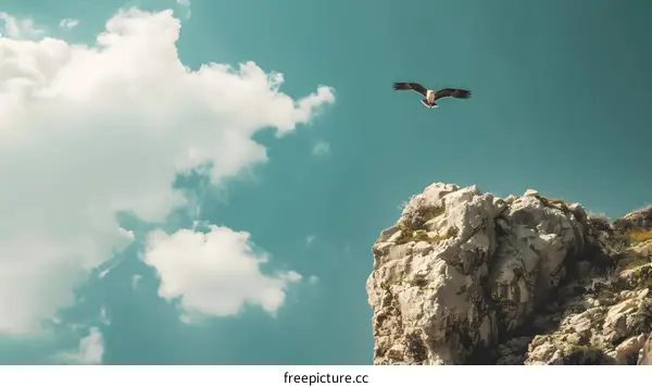 Eagle Flying Over a Rocky Mountain with Blue Sky and Clouds