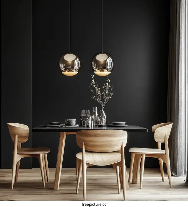 Modern Dining Room with Dark Walls and Wooden Furniture