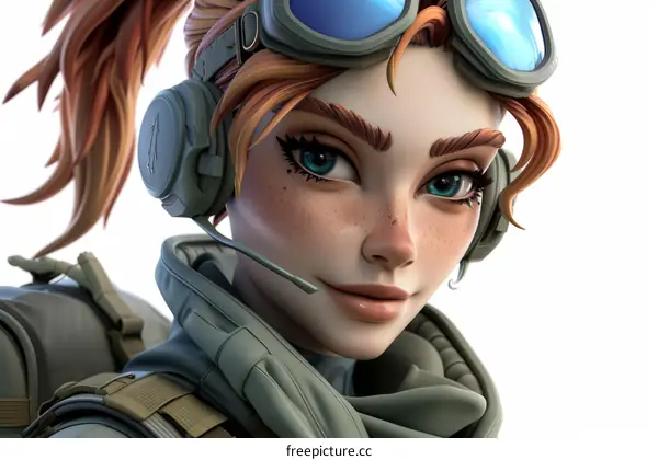 A female soldier wearing a headset and goggles