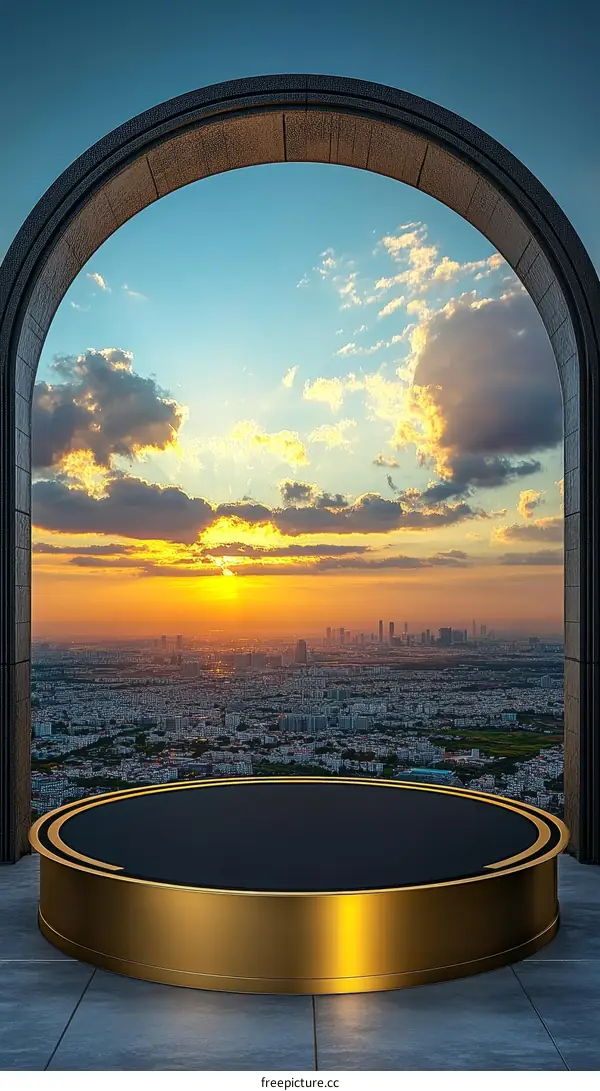 Golden Podium with Cityscape View Through Arch