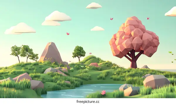 Low Poly Landscape with Pink Tree and Blue Lake