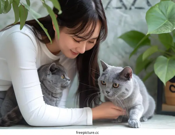 A young woman is sitting on the floor with two British shorthair cats.