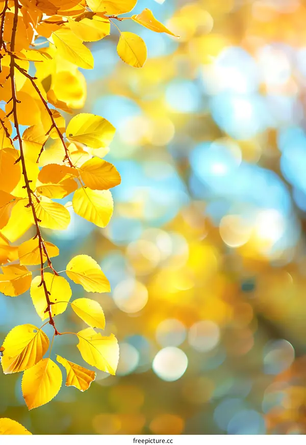 Golden Autumn Leaves Branch Sunlight Bokeh Background