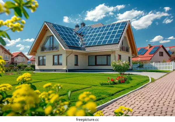 Modern house with solar panels on the roof