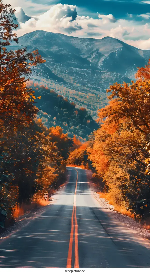 Asphalt Road Through Autumnal Forest with Mountains in the Background