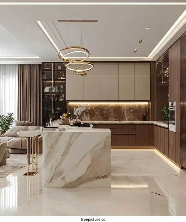 Modern Kitchen Interior Design with Marble Countertops and Gold Accents