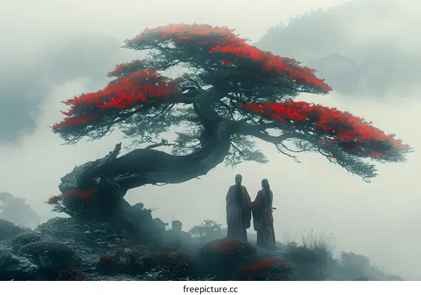 Couple Standing under a Red Tree on a Foggy Mountain