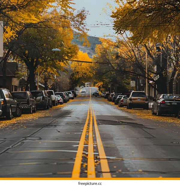 Autumn Street Lined with Golden Trees