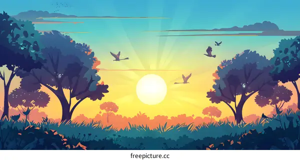 Sunrise Over Forest Landscape With Birds Flying