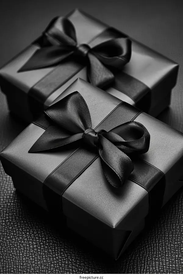 Two black gift boxes with black ribbons