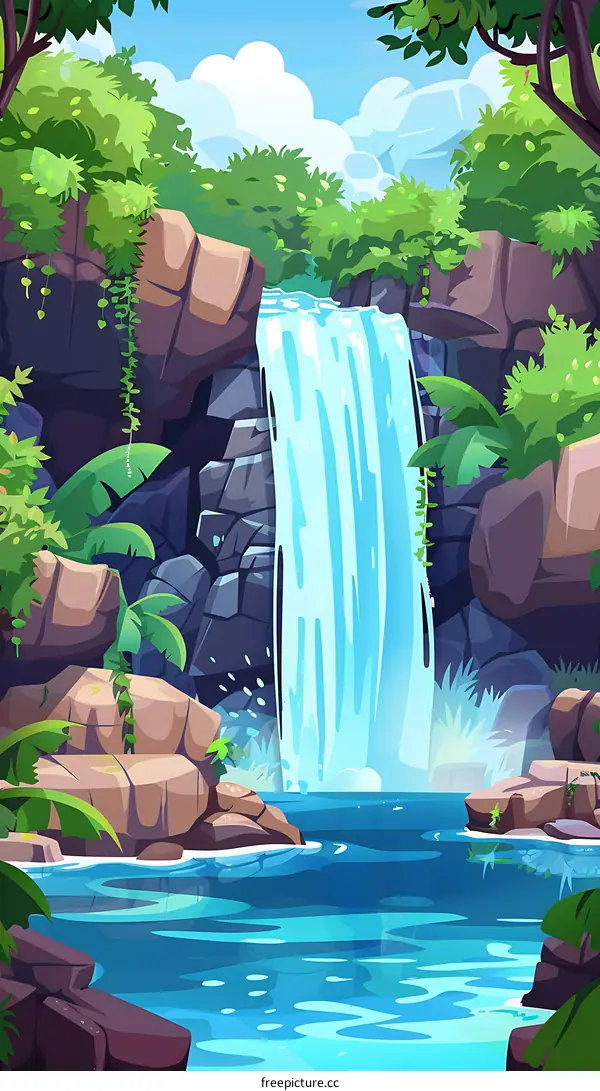 Waterfall in Lush Green Tropical Rainforest Landscape