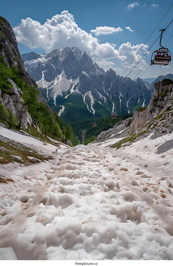Snowy Path Leading Up to Mountain with Cable Cars