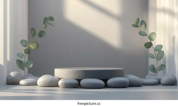 Modern Minimalist Product Display with Gray Stones and Eucalyptus