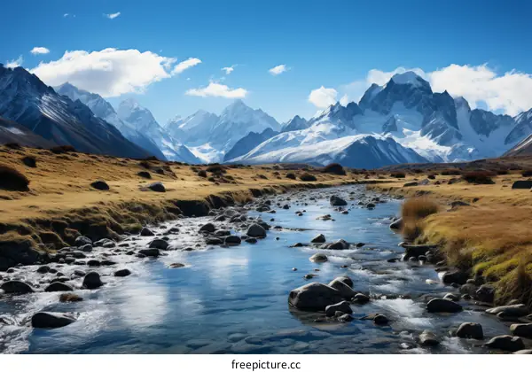 Mountain river landscape with snow capped mountains in the distance