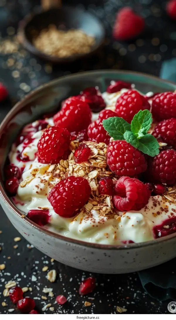 Raspberries and cream with granola