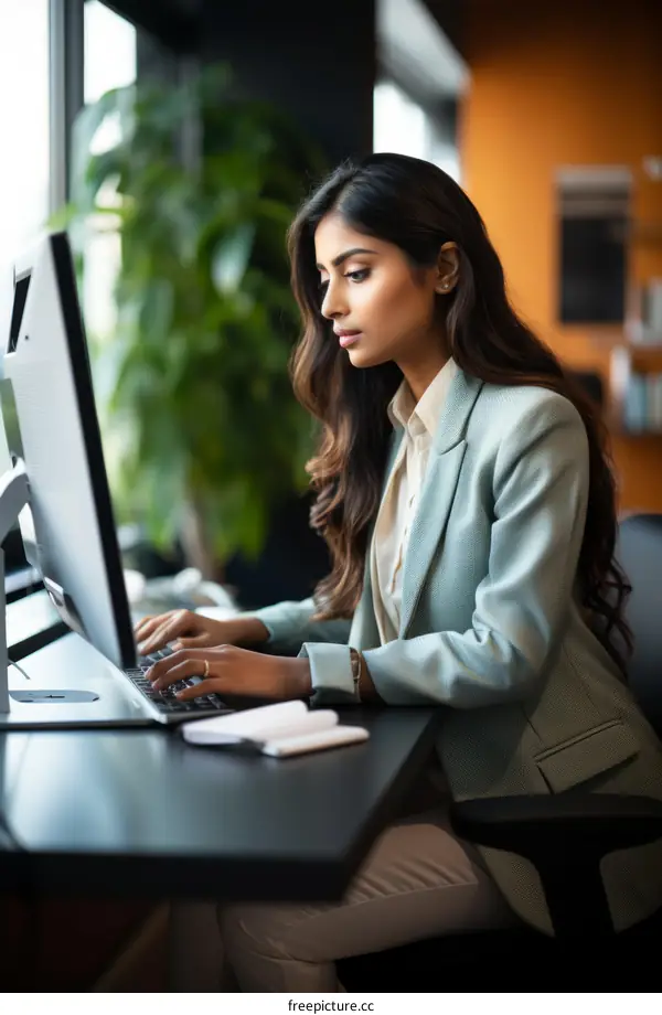 Indian businesswoman working on computer in office