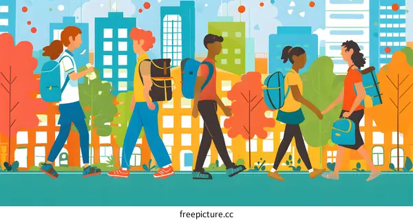 Group of Diverse Students Walking to School