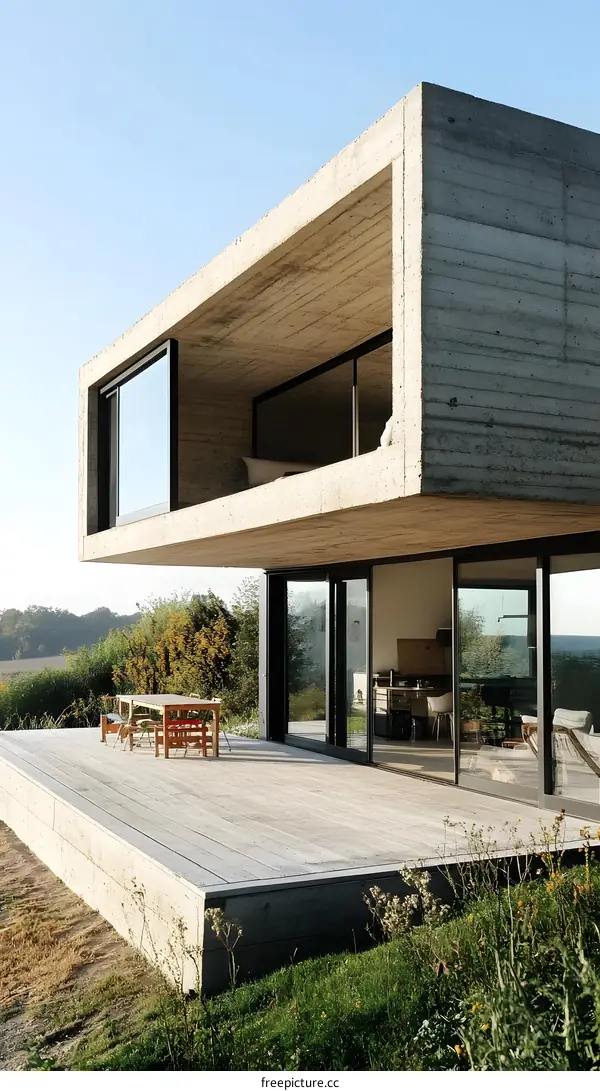 Modern Concrete House with Deck and Glass Doors