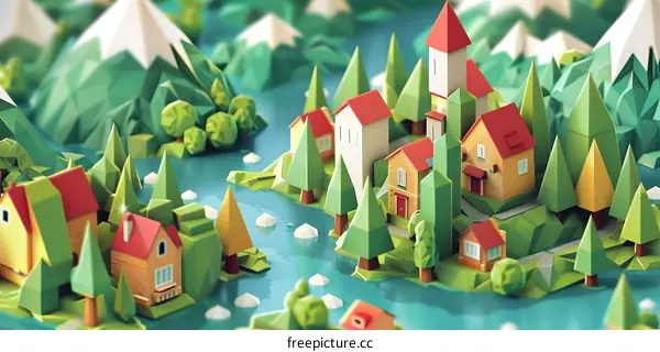 Low Poly Village Illustration with Mountains and River
