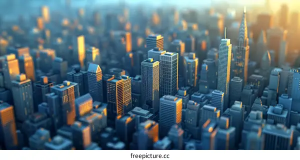 A Model City with Skyscrapers in the Sunlight