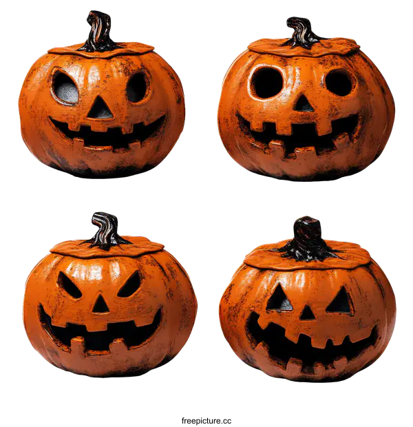 [Transparent Background PNG]Four Halloween Pumpkins on a White Background