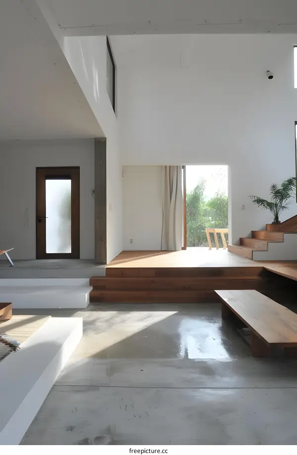 Minimalist Modern Home Interior Design with Wooden Steps and Concrete Floor