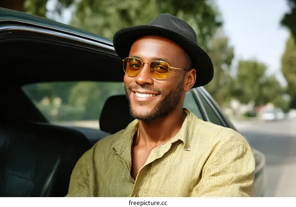 Man wearing yellow sunglasses and black hat sitting in car