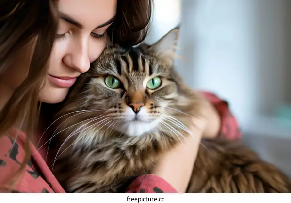A young woman is hugging a Maine Coon cat