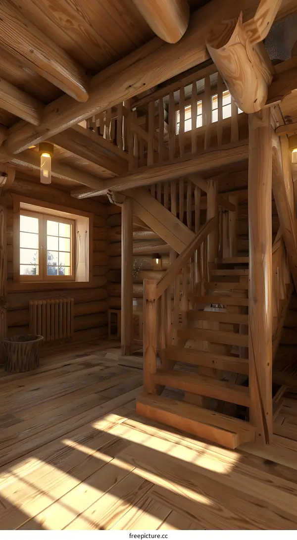 Wooden Staircase Leading to a Second Floor in a Rustic Log Cabin