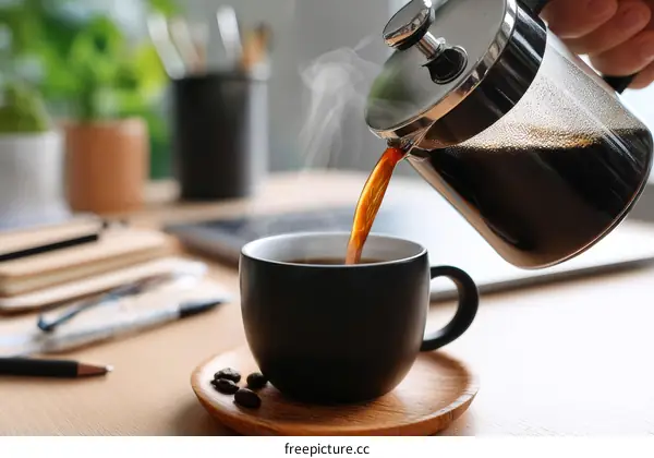 Pouring Coffee into a Cup on a Wooden Table