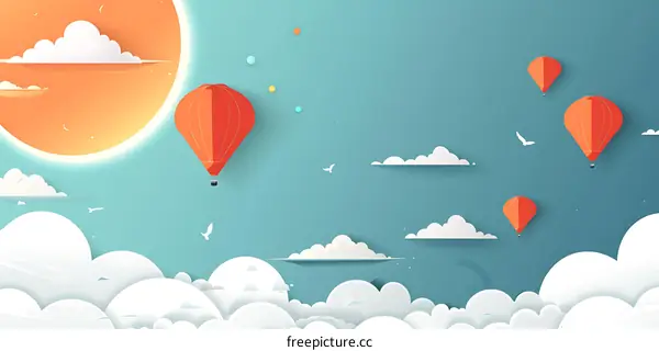 Paper Cut Style Hot Air Balloon Flying in the Sky with Clouds and the Sun Illustration