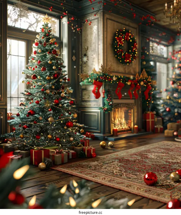 A Christmas tree decorated by the fireplace