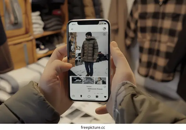 Man Holding a Phone With a Photo of a Man in a Brown Puffer Jacket