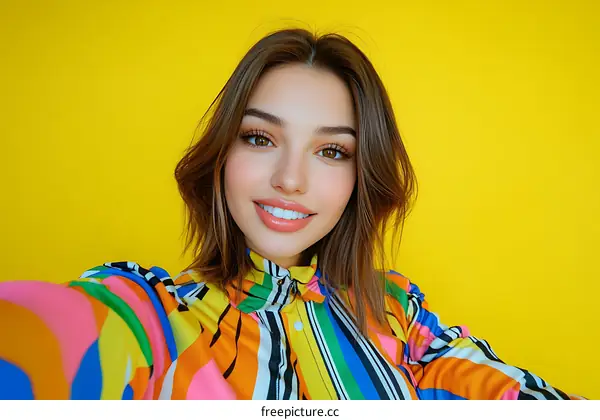 Young Woman Smiling in Colorful Fashionable Outfit