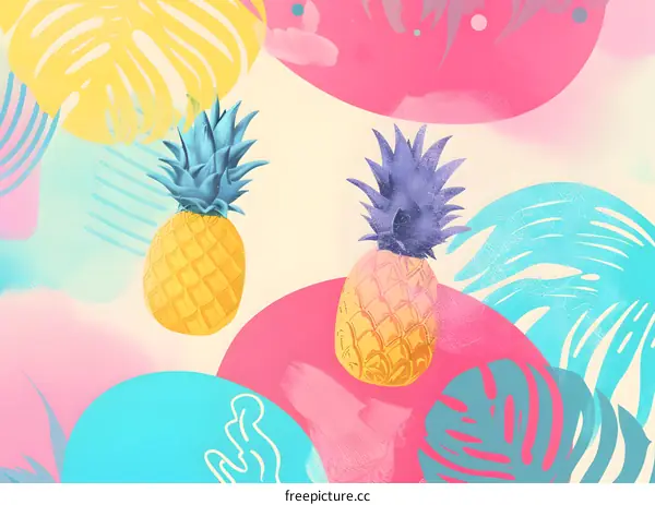 Tropical Summer Fruit Illustration With Pineapple and Palm Leaves