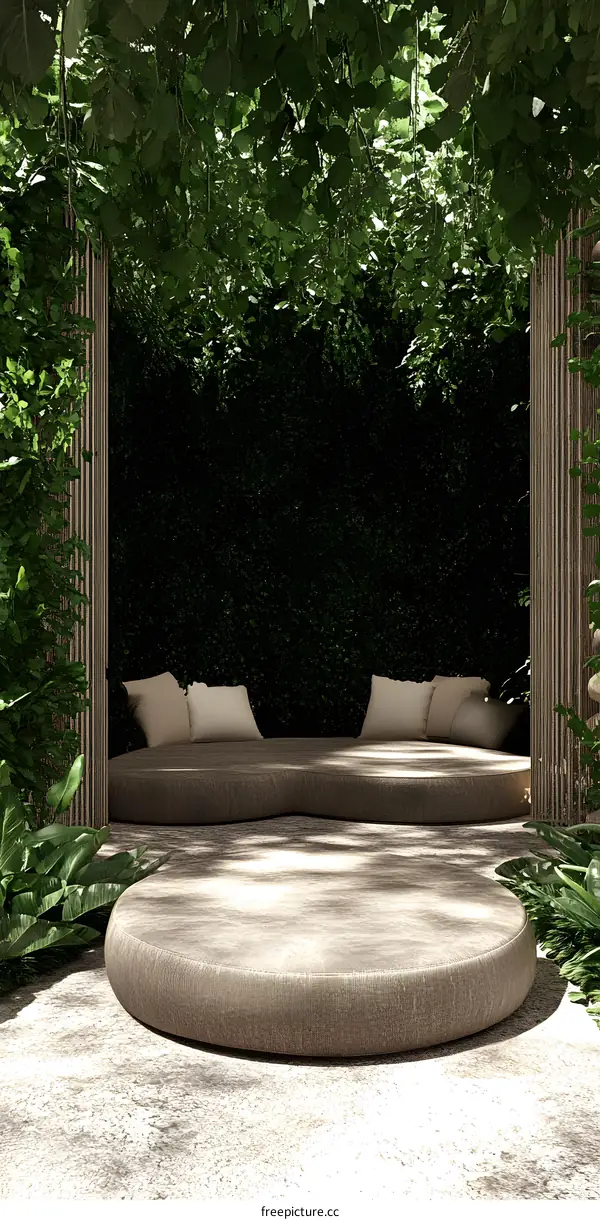 Minimalist Round Podium in Lush Greenery Garden