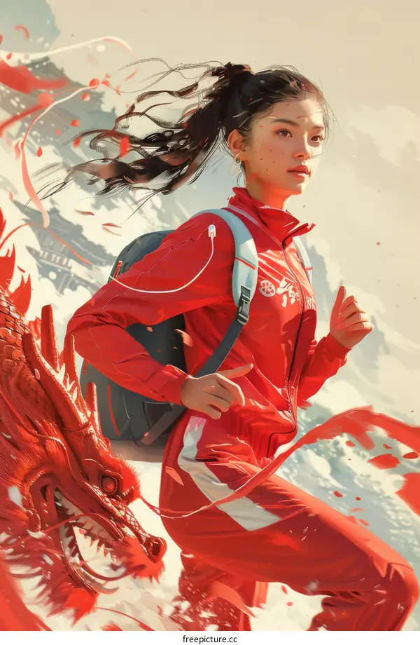 A young Chinese woman running with a red dragon