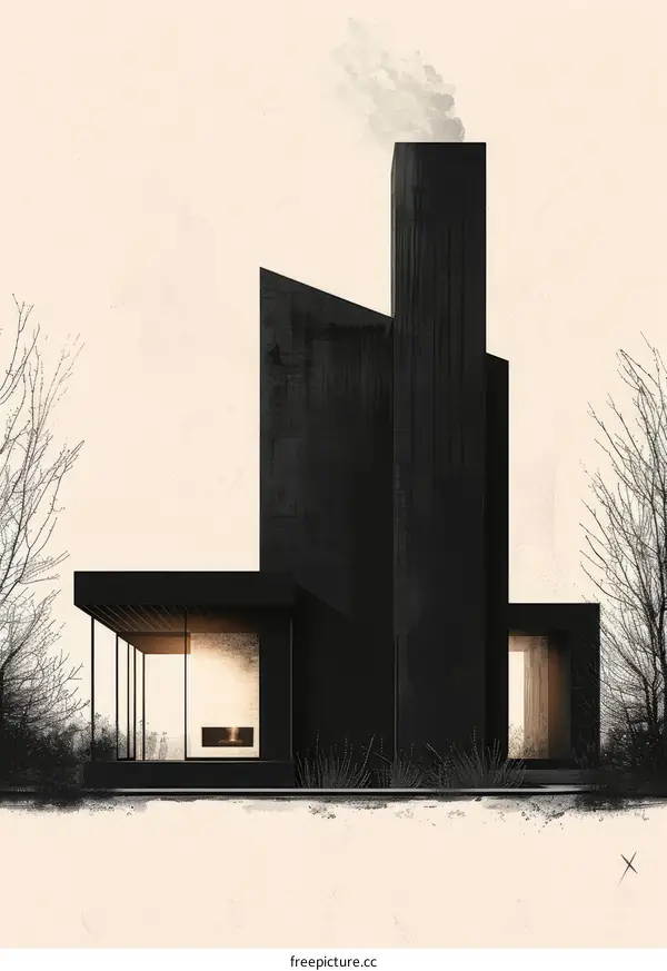 Modern Black House with Large Chimney