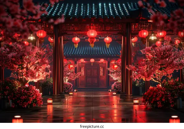 Chinese Courtyard with Red Lanterns and Cherry Blossoms at Night