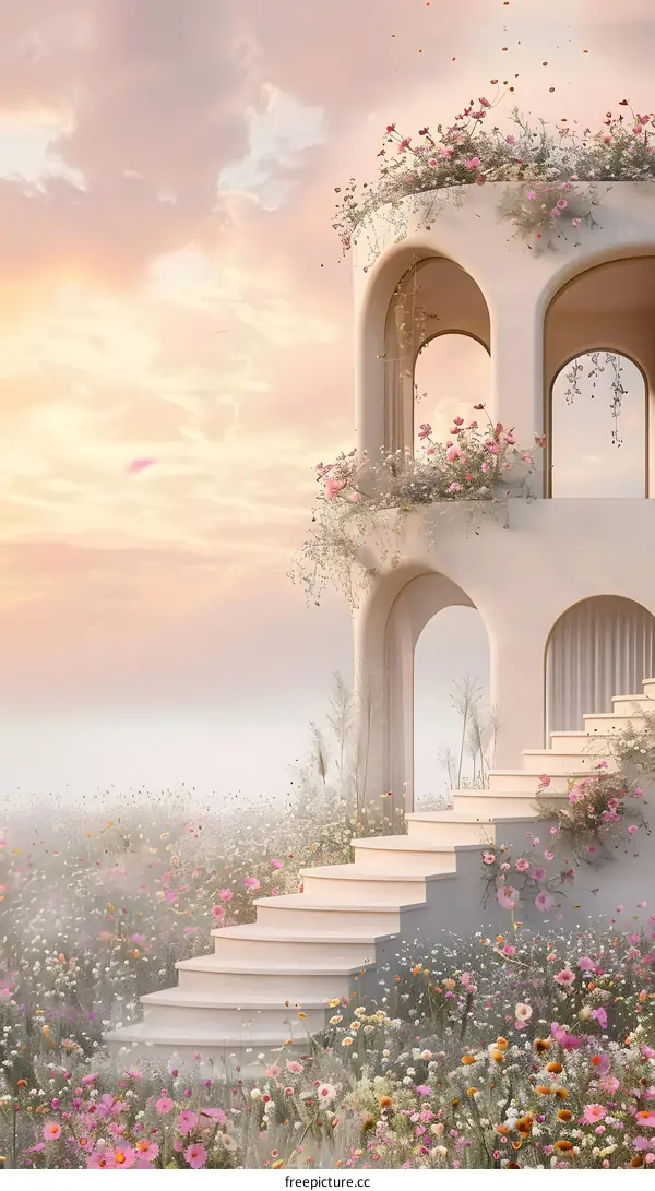 White Building with Archways and Pink Flowers in a Field