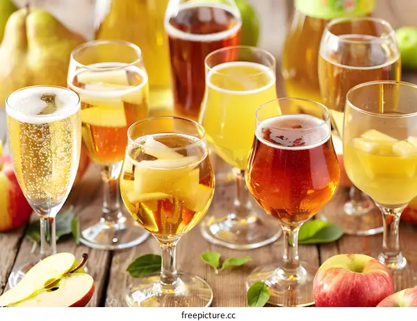 Variety of Cider in Glasses with Apples and Pears