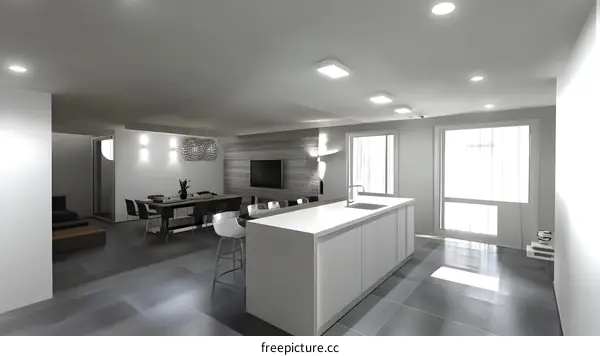 Modern Kitchen Interior Design with White Cabinets and Grey Tiles