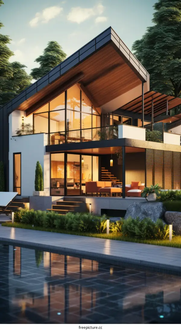 Modern House Exterior Design With Pool And Trees