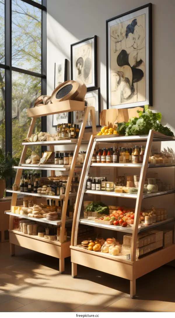 Grocery store shelves stocked with a variety of food items