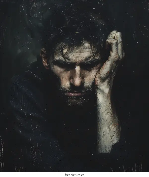 A Man With A Beard Leans His Head On His Hand In A Dark Setting