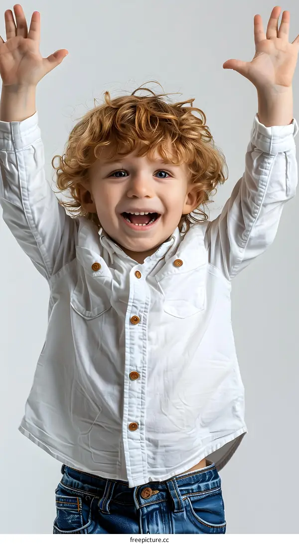 Happy Little Boy Raising His Hands in the Air