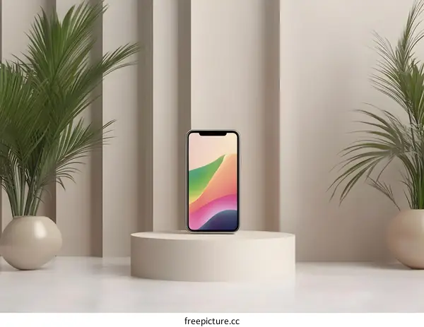 Modern Minimalist Phone Mockup on a White Stand with Plants