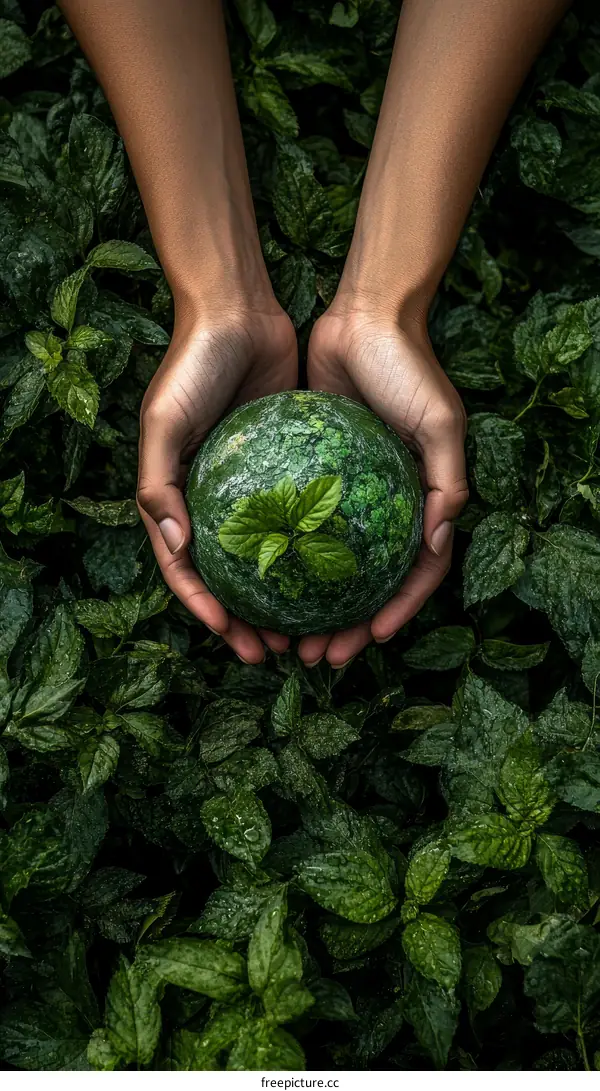 Hands Holding a Green Earth in Nature
